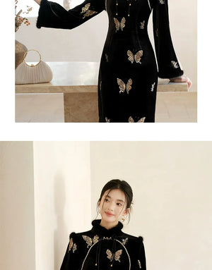 Black & Gold Velvet Cheongsam – Modern Chinese Winter Dress with Butterfly Bead Embroidery - Yandan_Hanfu