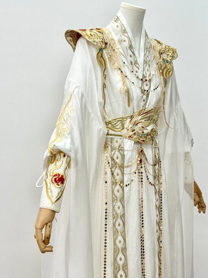 【Radiance of the Dragon】 White Hanfu Ensemble with Cross-Collar, Clouded Shoulders & Embroidered Seal men Unisex - Yandan_Hanfu