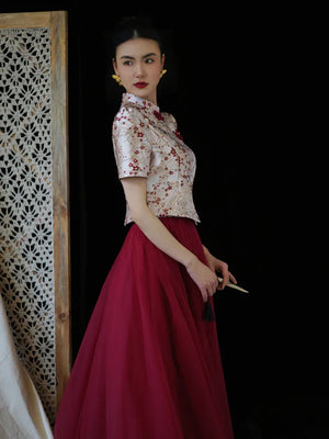 "Mei Xue Gauze Dress Set" Bridal Red Engagement Dress Cheongsam Xiuhe Dress - Yandan_Hanfu