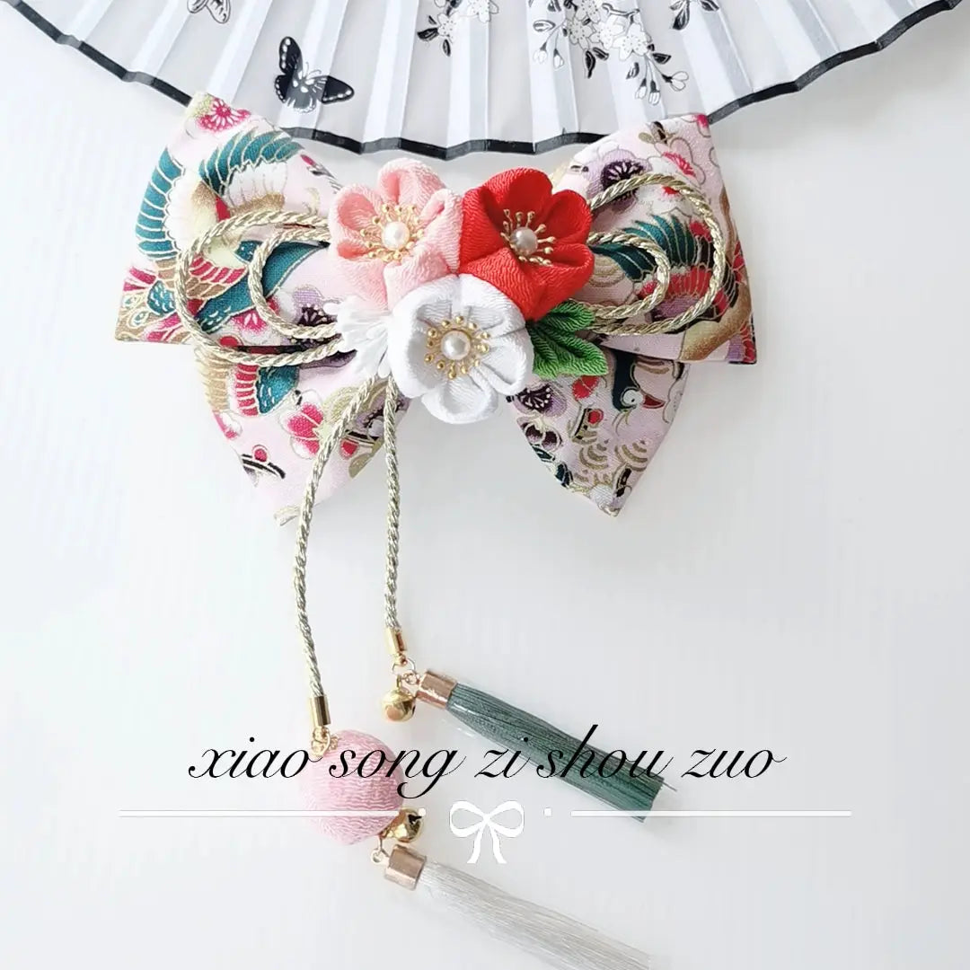 Multicolor floral Japanese kimono hairpin with red and white cherry blossoms and green tassels, ideal for cosplay or traditional wear.