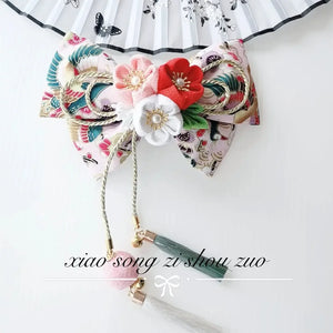 Japanese girl kimono cherry blossom hair accessories lolita orange burgundy fine work bow edge clip hairpin - Yandan_Hanfu