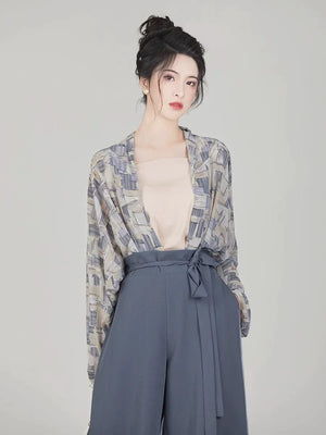 Qianmo Summer Hanfu Set – Song-Style Strap Top, Wide-Sleeve Shirt & Relaxed Pants for Women - Yandan_Hanfu