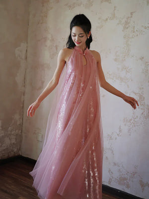 "Bella" pink sequined gauze halter dress bride - Yandan_Hanfu