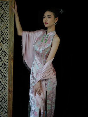 "Pink Bell" Pink Jacquard Bell Cheongsam/Qipao Shawl Bridal Dress - Yandan_Hanfu