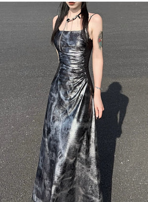 Glossy gray and silver new Chinese atmosphere Spice girl suspender dress Hot silver temperament long dress women - Yandan_Hanfu