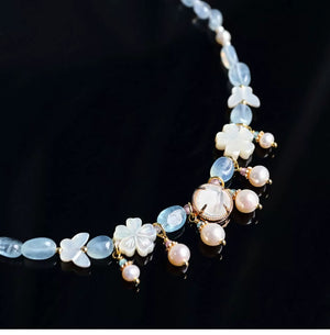Butterfly Shell & Aquamarine Pearl Necklace – Hanfu Yingluo Accessory with Original Design - Yandan_Hanfu