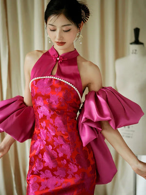 "Chuni" dragon fruit color jacquard cheongsam bride - Yandan_Hanfu