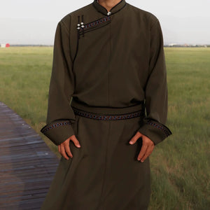 Premium Traditional Mongolian Robe for Men — Hand-Fastened, Solid Twill Design - Yandan_Hanfu