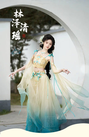 Model wearing Fairy Hanfu Suit - Women's Summer Set in yellow and blue with traditional design, ideal for seasonal cultural fashion.