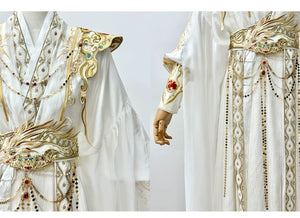 【Radiance of the Dragon】 White Hanfu Ensemble with Cross-Collar, Clouded Shoulders & Embroidered Seal men Unisex - Yandan_Hanfu