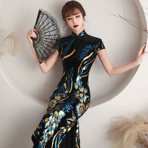 Floral pattern, long jacquard silk-satin cheongsam - Yandan_Hanfu