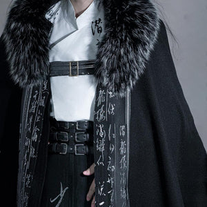 Woolen cloak calligraphy woven silver and black fur collar handsome national trendy man - Yandan_Hanfu