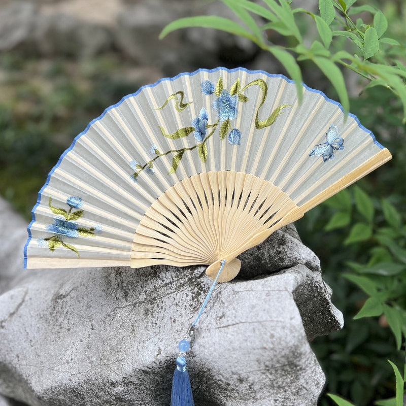 Abanico bordado de doble cara de Suzhou, abanico plegable bordado antiguo, abanico antiguo cheongsam