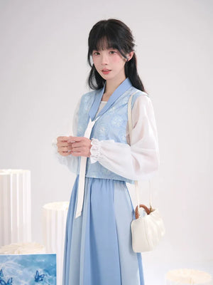 Sea Salt Sky Blue – Elegant Tang-Inspired Modern Hanfu with Long-Sleeve Top & Flowing Skirt - Yandan_Hanfu