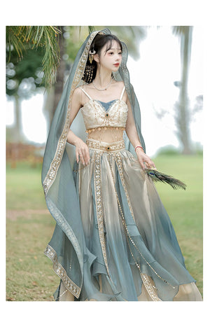 Dunhuang-inspired Hanfu Dress in lake blue with veil and gold details, ideal for summer and ancient Chinese fashion lovers.