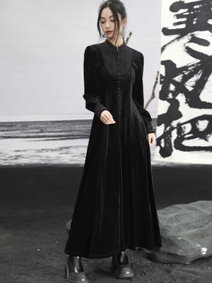 New Chinese Style | Black Lace Dress Women's Stand-up Collar Waist Slimming Long Skirt - Yandan_Hanfu