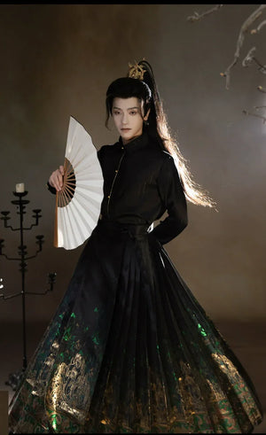 Four Divine Beasts Hanfu Set – Unisex Chinese Shirt & Brocade Horse-Face Skirt in New Style Design - Yandan_Hanfu