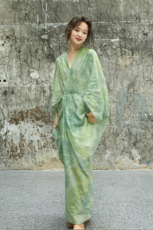 100% Ramie Modern Chinese Dress – Green Tie-Dye Print with Loose Silhouette & Camisole Layer - Yandan_Hanfu