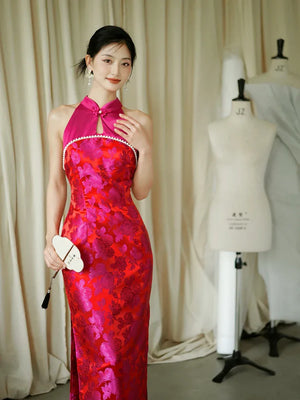"Chuni" dragon fruit color jacquard cheongsam bride - Yandan_Hanfu