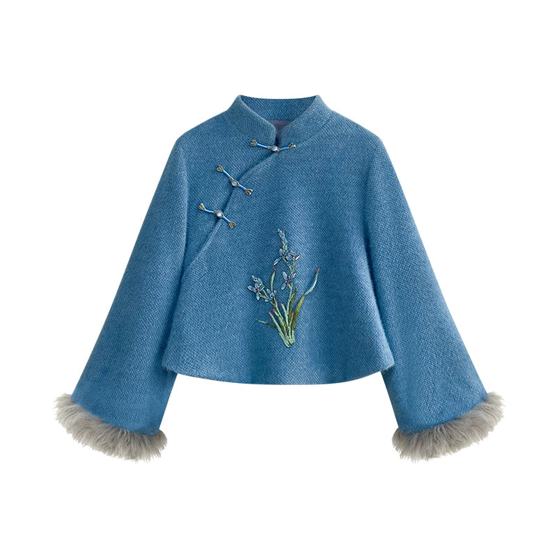 Blue Orchid Modern Qipao Tow piece Set – Winter Chinese Style Outfit