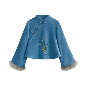 Blue Orchid Modern Qipao Tow piece Set – Winter Chinese Style Outfit - Yandan_Hanfu