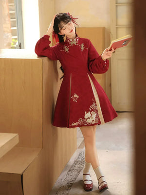 “Lucky Pony” – Red New-Year Hanfu Qipao Set | Modern Chinese Festive Outfit (Autumn/Winter) - Yandan_Hanfu