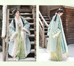 Verdant Atelier – Winter Tang-Style Hanfu Set with Cloak, Cross-Collar Top & Qi-Chest Skirt - Yandan_Hanfu