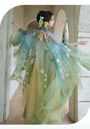 Blue & Green Hanfu Women's Large Sleeve Shirt Embroidery Spring and Summer - Yandan_Hanfu