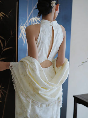 "Qianzhi" white embroidered shawl showing thin backless cheongsam bride wedding dress toast engagement - Yandan_Hanfu