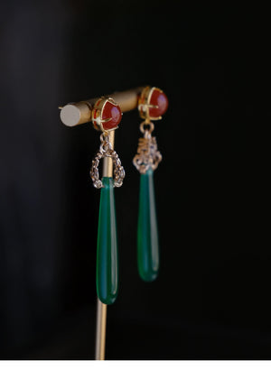 Antique green agate water drop earrings New Chinese style high-end cheongsam Hanfu earring - Yandan_Hanfu