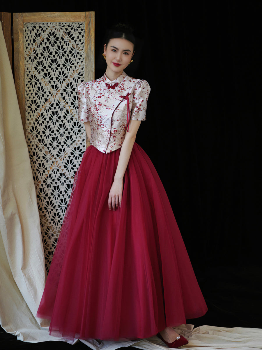 "Mei Xue Gauze Dress Set" Bridal Red Engagement Dress Cheongsam Xiuhe Dress