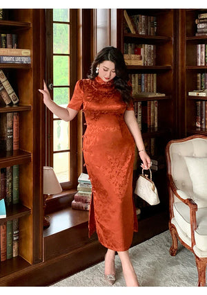 Orange short sleeve plus size cheongsam/qipao - Yandan_Hanfu