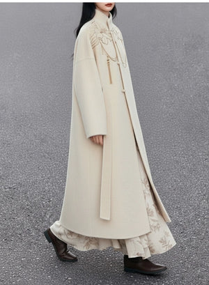 Lily Whisper – White Long Coat | Ivory Embroidered Warm High-Neck Outerwear for Everyday Elegance - Yandan_Hanfu