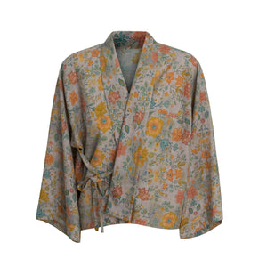 Floral printed cross-collared vintage top with tied waist - Yandan_Hanfu