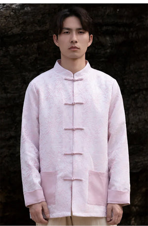 New Chinese style jacquard disc button top men's Tang suit【Pink&White】 - Yandan_Hanfu