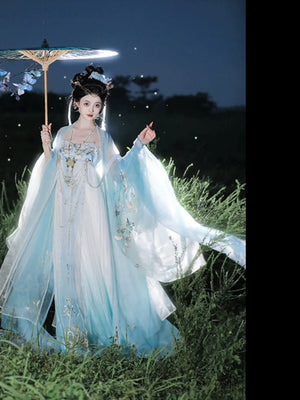 Tang Dynasty | Princess Ensemble: Embroidered Chest-length Wrap Skirt & Flowing Blue Big-sleeved Dress - Yandan_Hanfu