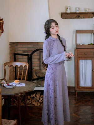 ''Falling Grace" Lace Qipao Cheongsam Dress & Faux Fur Jacket – Winter Collection - Yandan_Hanfu