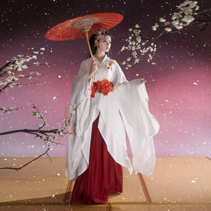 “Camellia Snow” White Battle-Robe Set | Original Embroidered Hanfu Inspired by the Warring States - Yandan_Hanfu