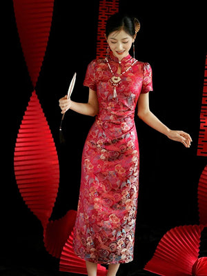 Yue Xi – Red Embroidered Jacquard Qipao for Wedding, Engagement & Tea Ceremony - Yandan_Hanfu