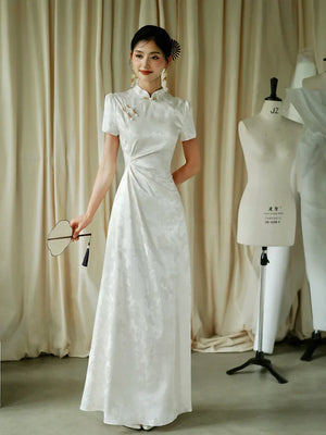 "Kite Butterfly" White Jacquard Cheongsam Bridal Toast Dress Engagement Dress - Yandan_Hanfu