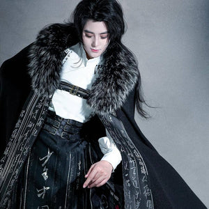 Woolen cloak calligraphy woven silver and black fur collar handsome national trendy man - Yandan_Hanfu