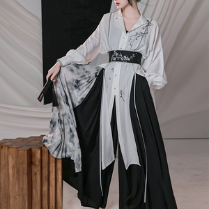 Stylish modern Hanfu outfit with black and white contrast, featuring embroidered shirt, wide-leg pants, and floral waist belt for spring and summer.