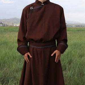 Premium Traditional Mongolian Robe for Men — Hand-Fastened, Solid Twill Design - Yandan_Hanfu