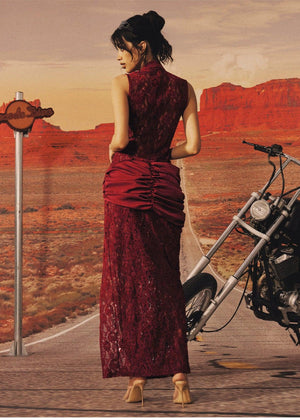 【Rebellious】 Red dress new Chinese cheongsam lace dress waist split stand-up collar Spice girl dress - Yandan_Hanfu