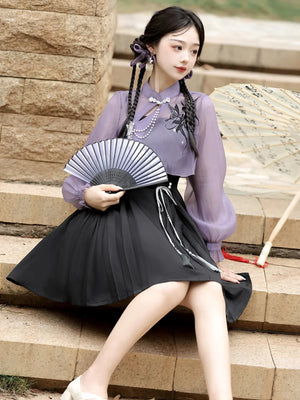 Iris ink butterfly girl exquisite fringed Han element sweet purple cheongsam fairy dress - Yandan_Hanfu