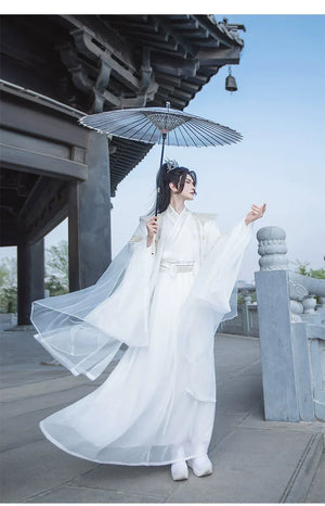 Cloud Collar Elegance – Unisex White Embroidered Modern Hanfu | Flowing Wide-Sleeve Wei-Jin Style Outfit - Yandan_Hanfu