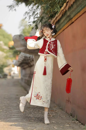 autumn and winter lolita spring dawn Chinese style short vest new year red robe long sleeve op cheongsam dress - Yandan_Hanfu