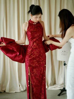 "Jubilee Bell" Red Cheongsam Shawl Bridal Toast Engagement Dress - Yandan_Hanfu