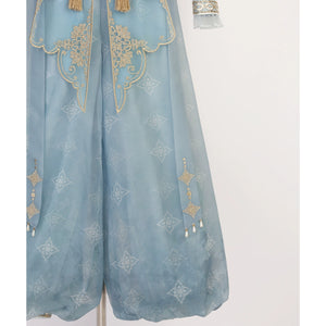 Lower half of blue Hanfu Princess Jasmine suit by 【Cloud Traveler】, featuring embroidered patterns and flowing pants.