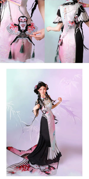 Blush Kite Qipao – Layered Faux Two-Piece Cheongsam in Modern Hanfu Style - Yandan_Hanfu